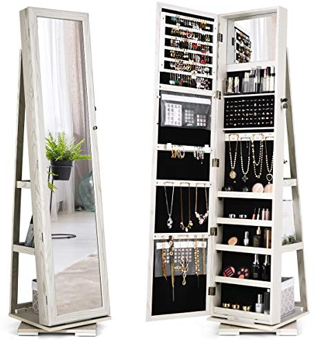 COSTWAY Armario de Joyero con Espejo y Estante de Escalera Gabinete de Joyería Giratorio con Cerradura para Anillos Ganchos de Cadena Pendientes Organizador (blanco)