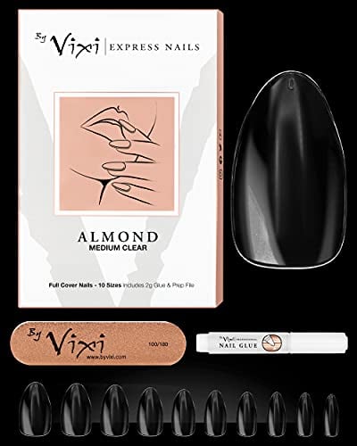 By Vixi 600 JEU D’ONGLES MOYEN AMANDE avec LIME À ONGLES, 10 tailles-Extensions de faux ongles express, à couverture Clair complète, une utilisation en salon et à domicile