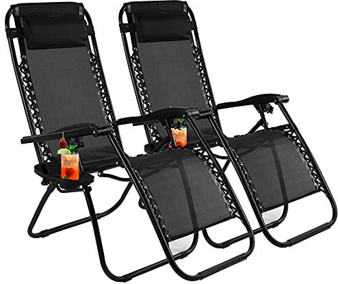 VIROSA Set of 2 Black | Zero gravity chair | Reclining & Folding Garden Loungers | Made with Heavy Duty Textoline | Folding Chair with Cup Holder and Headrest Pillow (Black)