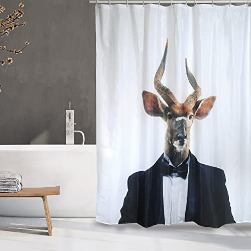 MSV Anti-Schimmel Duschvorhang - Anti-Bakteriell, waschbar, wasserdicht, mit 12 Duschvorhangringen - Polyester, „Nyala“ 180x200cm Weiß Hirsch