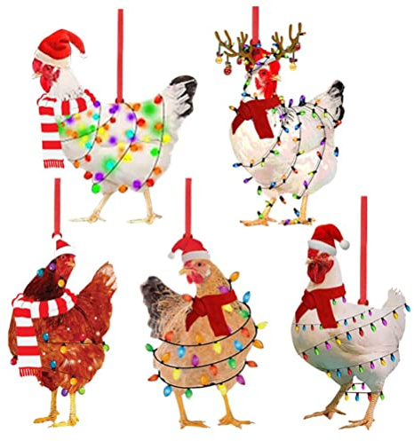 Chiyyak 5 Stück Holz Weihnachtsanhänger Huhn mit Schal Weihnachtsbaum Anhänger Lustiges Huhn Figur Weihnachtsschmuck Garten Balkon Tür Fensterbaum
