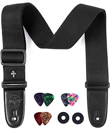 Wepop Tracolla Per Chitarra Nero Regolabile Classica Cotone Con Estremità In Pelle Pu, Accessori per Chitarra Elettrica Basso Chitarra Acustica (Nero)