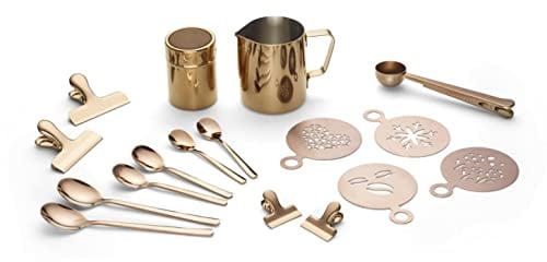 ECHTWERK Kaffeezubehör-Set, 23-tlg, Milchschaumkännchen 350 ml, Kakaostreuer, 4x Espresso-, 4x Cappuccino-, 4x Latte Macchiato-Löffel, 4x Kaffeeclips, EW-BA-3502K, Kupfer-edition