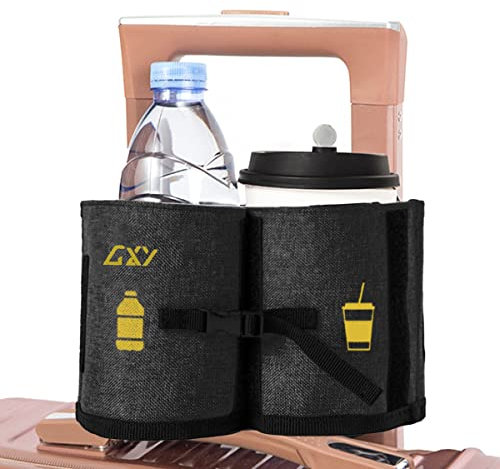 Luggage Travel Cup Holder, Drink Caddy Bag Hold Two Coffee Mugs Fits Roll on All Suitcase Handles Traveler Accessory Black