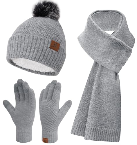 Bequemer Laden Damen Winter Warm Mütze Touchscreen Handschuhe und Lang Schal Set mit Dick Fleece Gefütterte, Thermo Wintermütze Strickmütze Beanie Schals Winterhandschuhe Strickhandschuhe, Grau