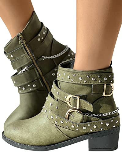 Minetom Damen Stiefeletten Biker Boots Stiefel Blockabsatz Herbst Winter Frauen Schuhe Schnallen Boots Vintage Cowboy Boots Combat Mit Seitlicher Reißverschluss