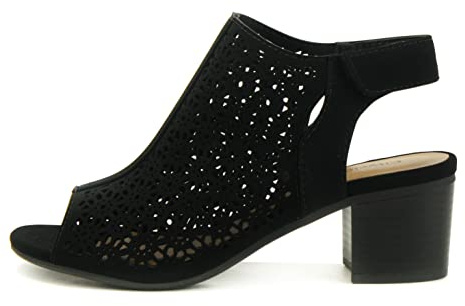 CityClassifed “Elect” ~ Women’s Laser Cut Geometric Caged Sling back Ankle Strap Low Stacked Heel Peep Toe Ankle Bootie (BLACK NB, us_footwear_size_system, adult, women, numeric, medium, numeric_11)