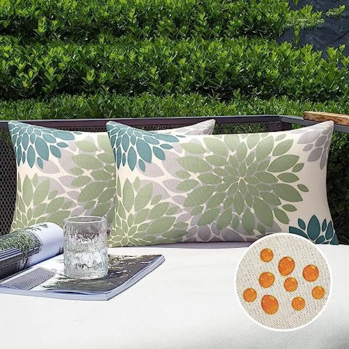 Wasserdicht Kissenbezug 30x50 2er Set Dekokissen Kissenbezüge Dekoration Outdoor Kissenbezüge Leinen Dekokissen Sommer Grün und Blau Blume Sofakissen Modern Kissenhülle für Sofa Stuhl Bett Garten