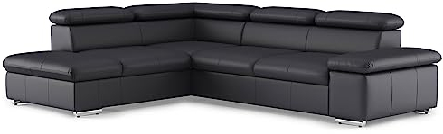 CAVADORE Echtleder-Eckcouch Valerie mit Ottomane / Ecksofa mit Kopfteilverstellung + Metallfüßen / 272 x 73 x 226 / Leder Schwarz