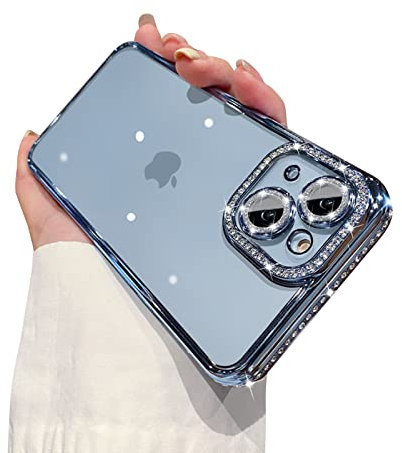 Ownest Compatible with iPhone 15 Case,Sparkle Diamond Camera Len Protector Glitter Clear Case,Crystal Bling Cute Aesthetics Phone Case Shockproof for iPhone 15 - Blue