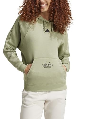 adidas Donna Signature Graphic Embroidery Fleece Loose Hoodie, Tent Green, L