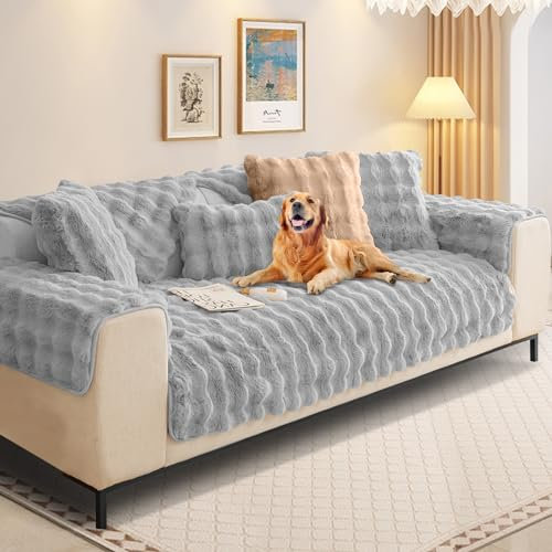 Kaninchen Plüsch Sofabezug L Form 1/2/3/4 Sitzer Sofa Überzug Ecksofa U Form, Neue Universelle rutschfeste Sofaschoner, Superweiche SofaÜberwurf aus Kunstpelz für Wohnzimmer(Hellgrau, 70 * 210cm)