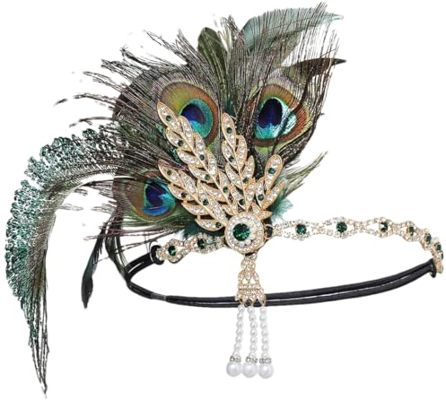Pfauenfeder Stirnband 1920er Jahre Kopfschmuck mit Strass Quaste Vintage Party Haarschmuck, EN8, Einheitsgröße