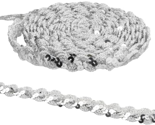 15M Elastisches Paillettenband Bunt, 15MM Bunte Paillette Trim, Paillettenband Besatz Aus Stoff, Stretch Paillettenband Schwarz für Nähen, Schmuck Machen, Basteln, Kleid Dekorieren (Silber)