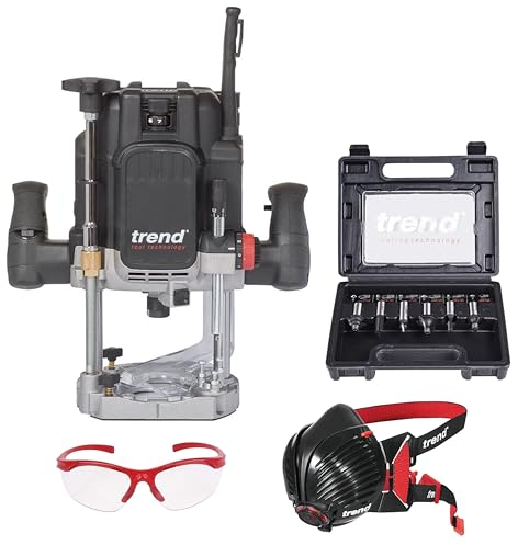 Trend T14 Variable Speed 2300W Werkstatt-Oberfräse, 12mm Tauchfräse 230V EU, 6-teiliges 12mm Fräser-Set, Air Stealth Staubmaske & Sicherheitsbrille, T14/START/SET/E