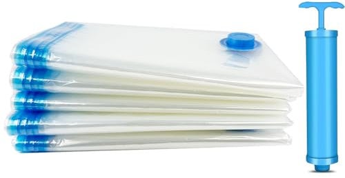 5 Pack Vacuum Storage Bags Vacuum Compression Zipper Storage Bags with Hand Pump Space Saving Bags for Closet Storage, 50 x 70 cm