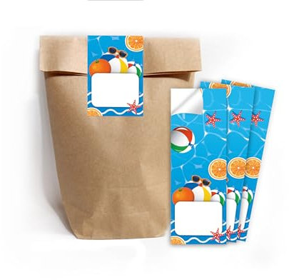 6 Geschenktüten (Natur) + 6 Aufkleber Schwimmbad Pool-Party Geschenktüten für Mitgebsel Mädchen Jungen Gastgeschenk einpacken beim Kindergeburtstag Mädchengeburtstag Jungengeburtstag