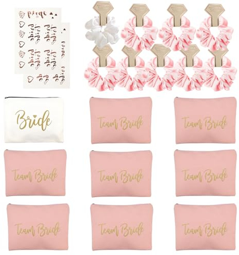 burkfeeg 20 Stück Team Braut Präsent Rosa Brautparty Geschenke | Team Braut Makeup Tasche, Rosa Satin Scrunchie, Aufkleber Für Hochzeit, Verlobung