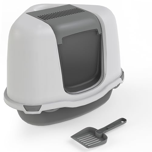 Ella Corner Cat Litter Tray with Hood & Flap Door, Enclosed Litter Box with Detachable Top, Anti-Spillage & Mess-Free Cat Toilet, Scoop Included (Grey/White, 55x42.5x42)