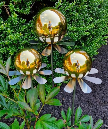 Jürgen Bocker Garten-Ambiente Blütenzauber Rotterdam 3er Set Rosenkugel 15/10/10 cm Edelstahl Gartenstecker Deko mit Stab 80 cm (Gold poliert)