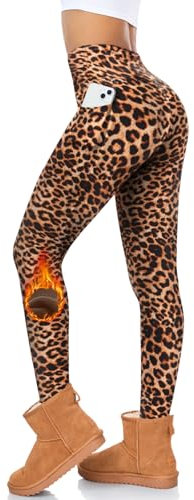 FuelMeFoot Thermo Leggings Damen High Waist Gefüttert Thermoleggins mit Taschen Fleece gefütterte Winter Warme Yoga Hose für Workout Running. A4-Leopard XXL