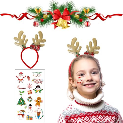 Doukesh Serre Tete Noel et Tatouage Temporaire de Noël,Serre Tete Renne,Serre Tete Noel Femme,Serre Tete Renne Noel,Accessoire Noel Femme,Serre-Tête de Noël,Décorations de Noël pour Enfant Adulte,A