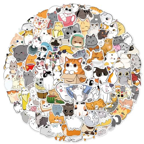 100 PCS Cute Cartoon Cat Stickers Set, Funny Cat Stickers Set, Waterproof Vinyl Stickers Aesthetic Decals for Water Bottle, Laptop, Phone, Skateboard Stickers for Teens Girls Kids