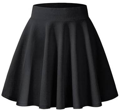 WNEEDU Damen Basic Solid Vielseitige Dehnbaren Casual Mini Skater Rock(Schwarz 2XL)