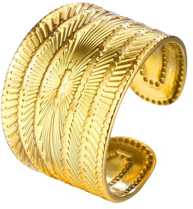 OIDEA Damen Offene Ring Sonnen: Gold Offene Ring breit verstellbar Elegant Sonnenstrahlmuster aus Edelstahl Schmuck Geschenk für Frauen Freundin Schwester mit Samtbeutel