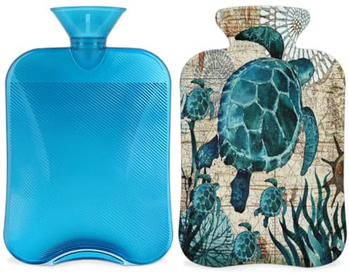 Ocean Turtle Hot Water Bottle with Cover, Sea Turtles Hot Water Bottle with Cover, 2L Hot Water Bag for Pain Relief, Neck and Shoulder, Hand Feet Warmer