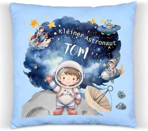 ZauberPrints Astronaut Kissen mit Name – Weltraum Deko Zimmer | Kuschelkissen mit Weltraum & Rakete · 37x37 cm · Baumwolle · Kinderzimmer-Deko · Geschenk zur Geburt, Taufe & zum Geburtstag