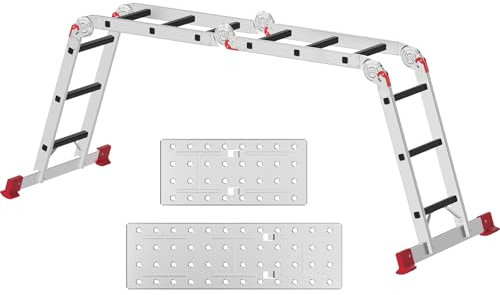 AMHANCIBLE Mehrzweckleiter, Leiter, 3.4M Aluleiter, 4 x 3 Stufen, Trittleiter, Haushaltsleiter, bis 150 kg,12 Stufen, in 6 Positionen, TÜV/GS Zertifiziert, Anti-Rutsch, Stabil und Robust EBAL01RD