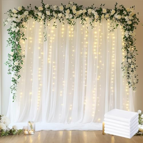 Fomcet Tüllvorhänge mit Lichterkette, weiß, 9,2 x 3 m, transparente Hintergrundvorhänge für Partys, Hochzeiten, Babypartys, Fotoshootings, Dekorationen (6 Paneele, 15,7 x 3 m)