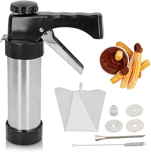 Churro Maker Machine, Stainless Steel Cookies Press Spritz Cookie Press Gun Kit with 3 Discs, 1 Cleaning Brush, Piping Bag, Icing Piping Nozzles