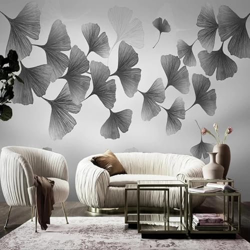 HBYUEHAN Nordischer Stil Retro Schwarz-Weiß-Ginkgoblatt-Tapete großer TV-Hintergrund Wandkunst 3D-Wandbild Wohnzimmerdekoration Wandbild