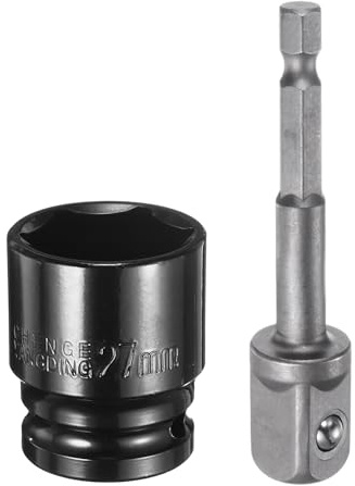 sourcing map Deep 6-Point Impact Socket 1/2 Drive 27mm Metric Socket 1.5 Length with 1/4 Hex Shank Adapter, CR-V Steel Socket Adapter Accessory Tool Set Kit for Hex Bolts Nuts