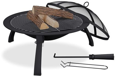 Relaxdays Braciere da Esterno con Parascintille, Griglia e Attizzatoio, Grill da Giardino e Terrazzo, D: 51 cm, Nero, Acciaio, Plastica
