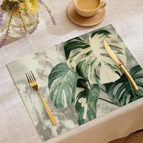 Grüne Monstera-Blätter Tischsets Abwaschbar 8er Set, 45 x 30 cm Doppelseitigen Platzset, Beton-Graffiti Wasserdicht Tischuntersetzer rutschfest Hitzebeständig für Hause Restaurant Hotel