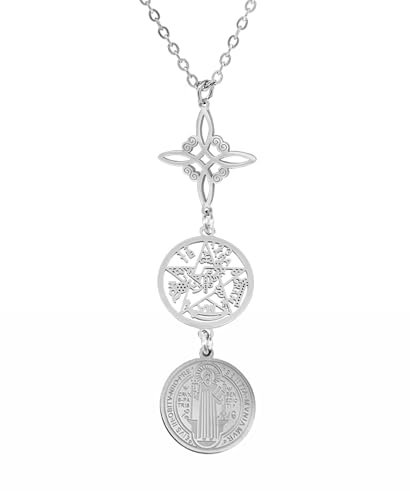 Only faith Collar de Mujer colgante Nudo de Bruja y Tetragramatón para Mujer Los 7 CHAKRAS, Colgante Largo de Símbolos Espirituales, Yoga Reiki Meditación Amuleto (Triple Protección Plateado)
