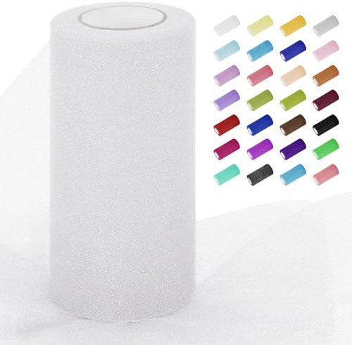 Uiopa Rouleau de Tulle Blanc 15cm x 22m Tulle Mariage Pailleté Polyester Decoration Ruban Tissu de Maille pour Tutu Jupe, Deco Voiture Mariage, Deco Fête, Artisanat