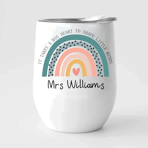 EKAM Personalised Teacher Wine Mug “It Takes a Big Heart to Shape Little Minds” End of School Year Gift Customise with Teacher’s Name - 12oz Stainless Steel Wine Mug Gift for Teachers (Design 02)