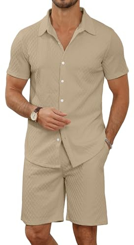MLANM Men's 2 Piece Loose Button Down Shirt & Shorts Set | Lapel, Diamond Waffle Knit, Drawstring, Side Pockets, Elastic, Soft, Lightweight, Ideal for Beach, Vacation, Golf & Daily