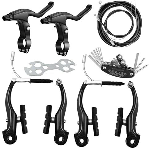Qcdou Complete Bike Brakes Set, Universal Front and Rear Bike Brake, V-Type Bicycle Brake Set, Inner and Outer Callipers Cables Lever Kit with Multi-Tool Wrenches for Most Bicycle(Black)
