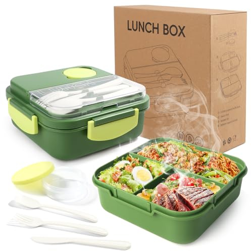 Single Layer Bento Box with 3 Compartments, 1400ml Lunch Box with Cutlery Set, Portable Dinner Snack Boxes Food Containers for School Work Men Women Students Microwave Dishwasher Safe (Green)