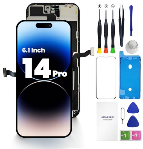 Genverdix Écran pour iPhone 14 Pro - 6.1 Pouce FHD Kit Réparation Écran LCD DIY, Entièrement Compatible avec Face ID, Couleurs Vives, Haute Définition, Livré avec Les Outils d'Installation