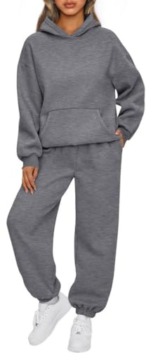 OLIPHEE Survetement Femme Ensemble Jogging Femme Ensemble Sport 2 Pièces Sweat à Capuche Polaire et Pantalon Jogging Tenue de Sport Survetement Hiver Automne Outfit Fitness Gris Foncé L