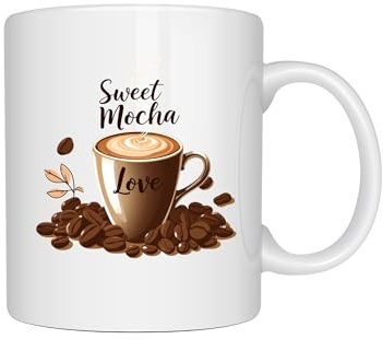 Temas Store Coffee Lovers 11 oz Ceramic Mug Collection, White, Sweet Mocha and Hug in a Mug Designs, Hot Beverage Cup for Tea and Coffee (Sweet Mocha)