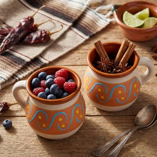 Vesici 2 Pack Mexican Clay Mugs Hand Painted Mexican Pottery Mugs Mexica Coffee Cups Pottery Fiesta De Barro Mexicanos Coffee Mug Gifts for Birthday Graduation Wedding Holiday Parties (Burnished)