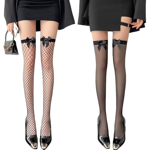 ARYIMYDP 2 Paia di Calze Alte Ginocchio in Nero con Decorazione a Fiocco, Include Calze Opache e Calze a Rete, Ideale per Carnevale Cosplay e Feste in Maschera, Comode per Donne