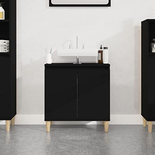 Owoxanthellate Owox Meuble de lavabo noir 58 x 33 x 60 cm Matériau bois/bois massif d'eucalyptus moderne, stable, espace de rangement pour petites salles de bains, toilettes d'invités